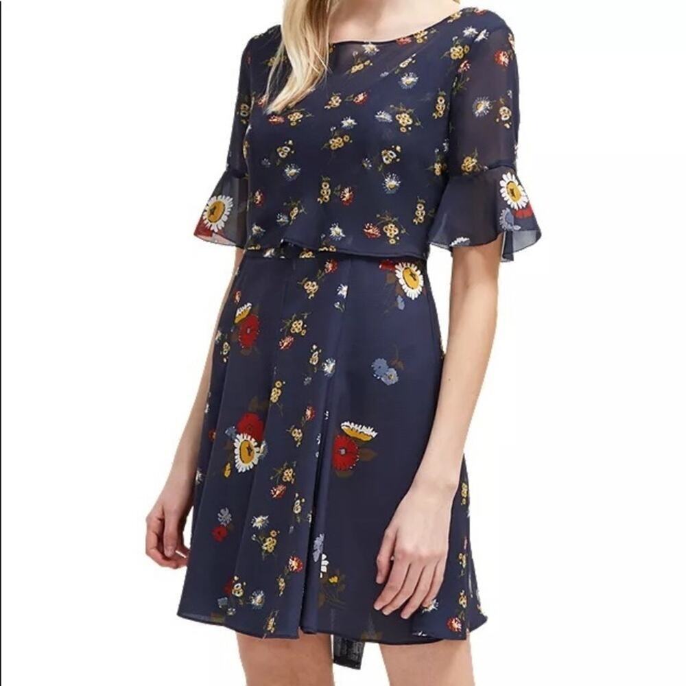 French Connection Baudet Print Twist Waist Black and Flower Dress Sz 0 NWT $158